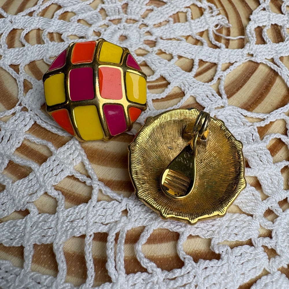 Vintage Monet Multicolor Clip On Earrings Retro Pop Art Enamel Gold Tone